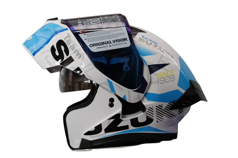 Cargue la imagen en el visor de la galería, Casco Abatible Suzuki Blanco / Azul	Certificación DOT
