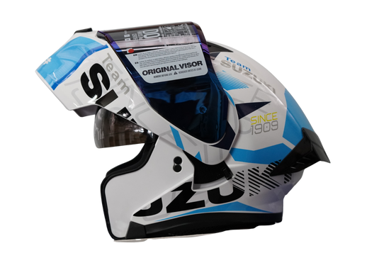 Casco Abatible Suzuki Blanco / Azul	Certificación DOT